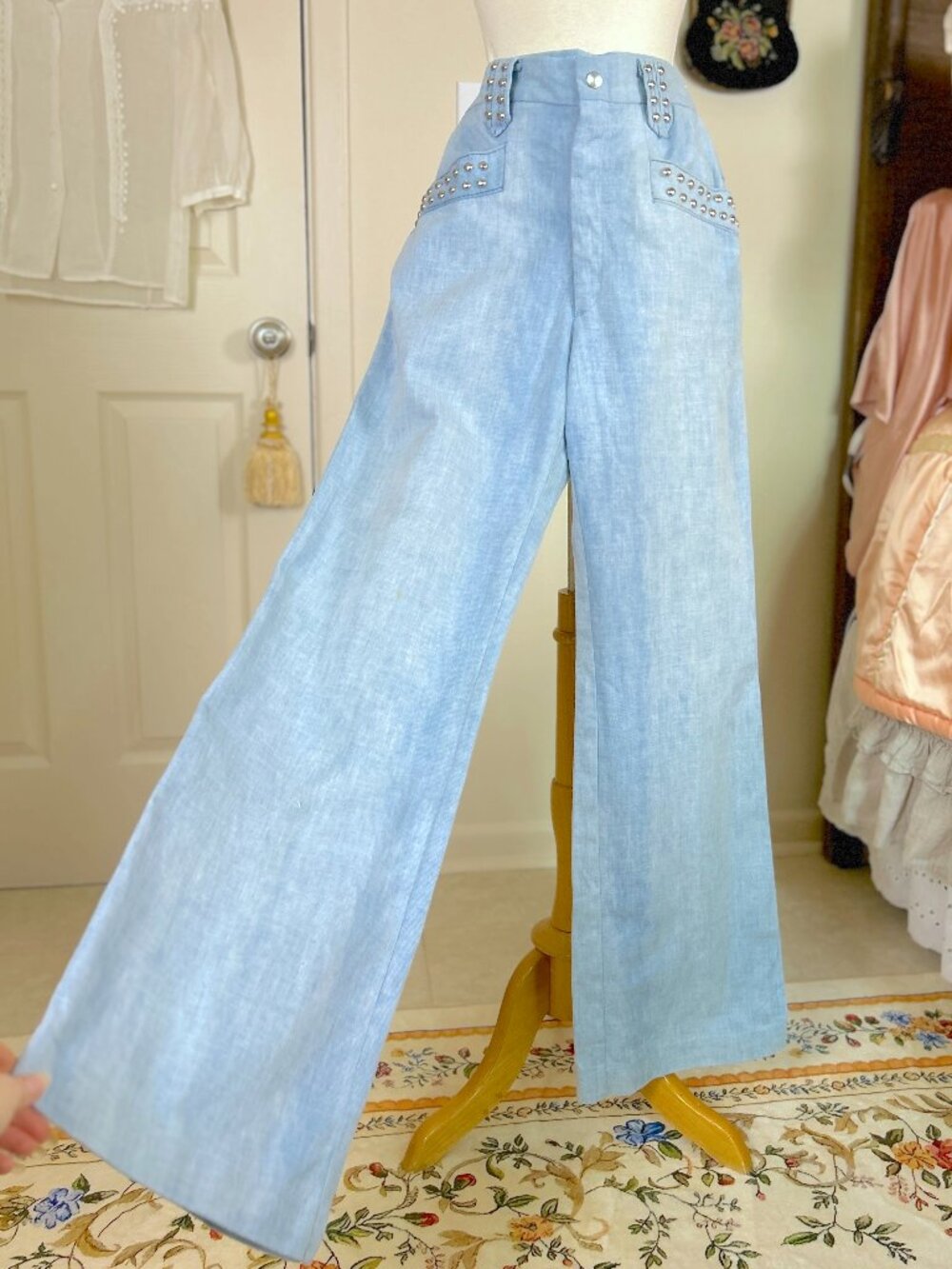 Vintage 70s Studded Bell Bottom Jeans, High Waisted Faded Blue Denim Wide Leg